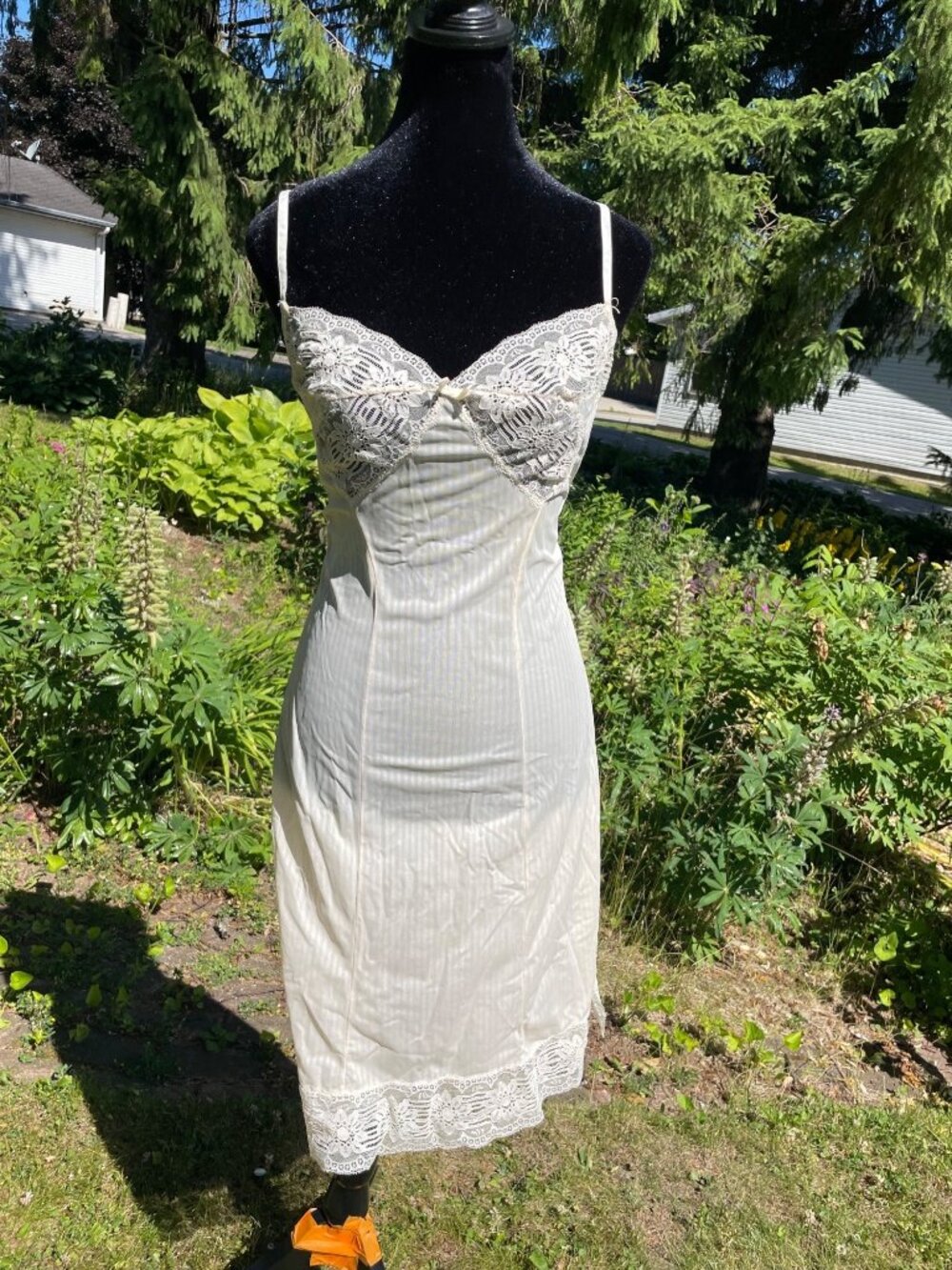 Vintage Schiesser Sheer Slip Dress Cream Lace Striped Coquette Sz 46 L XL 90s
